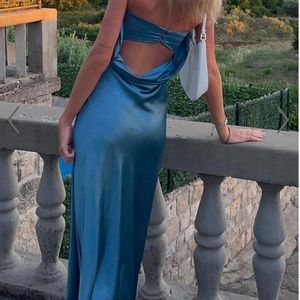 CHARLITA MAXI DRESS-STRAPLESS COWL BACK SATIN DRESS IN STEEL BLUE - US SIZE 10